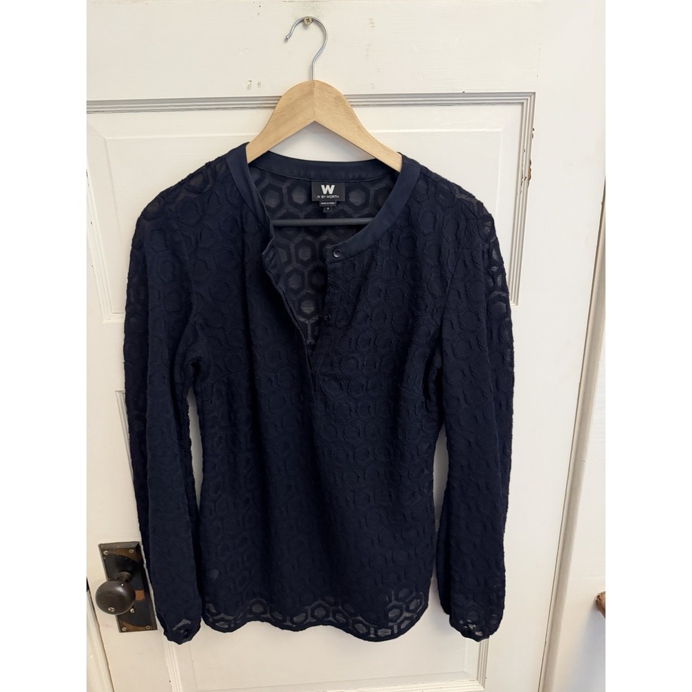 W By Worth Women's Navy Wool Silk Hex‎ Sheer Blouse Long Sleeves Button Size 4
